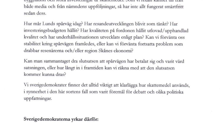 Initiativärende gällande utredning spårtrafik Lund