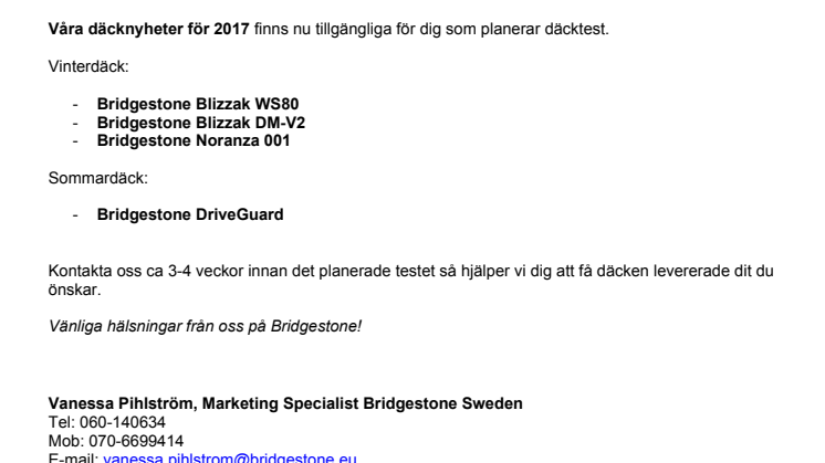 Vi erbjuder däcktest på våra nyheter för 2017.