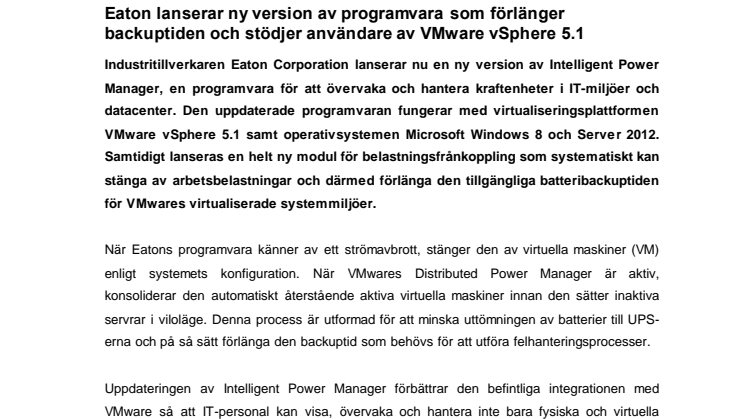 Eaton lanserar ny version av programvara som förlänger backuptiden och stödjer användare av VMware vSphere 5.1