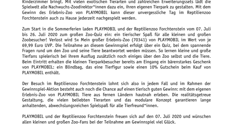Tierischer Spaß in den Sommerferien: PLAYMOBIL und der Reptilienzoo Forchtenstein laden zum großen Zoo-Quiz ein