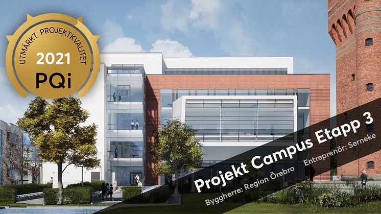 Projekt Campus Etapp 3 i Örebro har tilldelats kvalitetsutmärkelsen ”PQi – Utmärkt Projektkvalitet”. Framgångsrik upphandling, transparens och samverkan är några av framgångsfaktorerna.