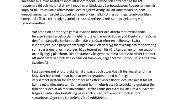 AddMobile levererar projekthantering till snabbväxande Umia