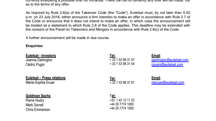Possible Offer for Inmarsat Plc (“Inmarsat”)