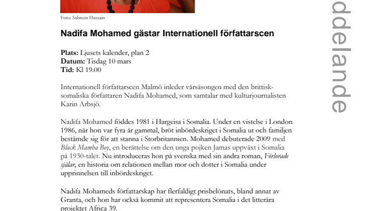 ​Nadifa Mohamed gästar Internationell författarscen 