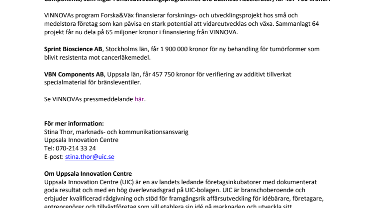 Sprint Bioscience och VBN Components får totalt 2,3 mkr från VINNOVA