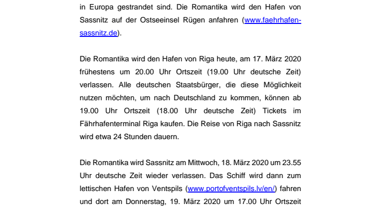 Kreuzfahrtfähre Romantika fährt heute Abend von Riga nach Sassnitz, Rügen
