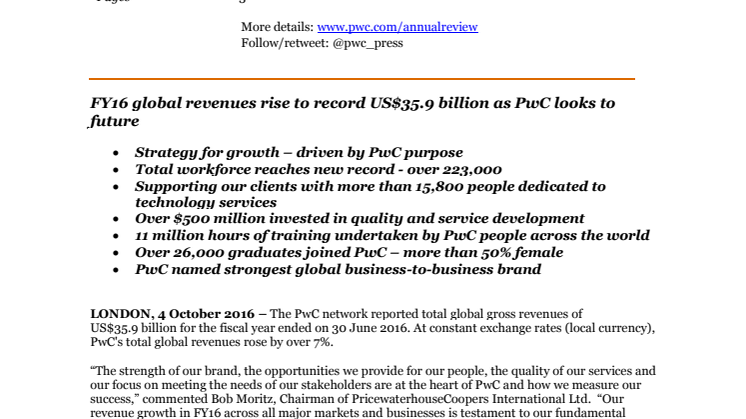 FY16 global revenues rise to record US$35.9 billion as PwC looks to future