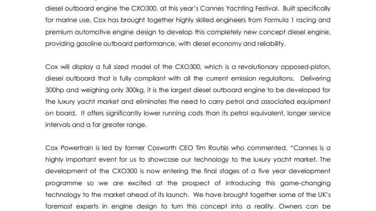Cox Powertrain: Preview of the World’s First 300HP Marine Diesel Outboard at Cannes Yachting Festival