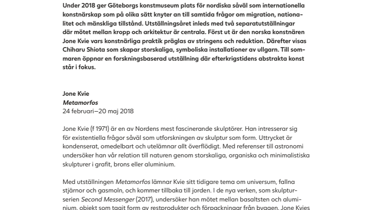Vårens utställningar 2018 på Göteborgs konstmuseum