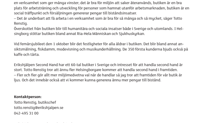 Erikshjälpen i Helsingborg firar femårsjubileum