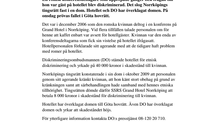 Hovrätten prövar diskrimineringsdom mot Grand Hotel i Norrköping 