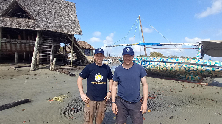 l-r Northumbria technician Johnny Hayes with senior lecturer Simon Scott-Harden with the Flipflopi boat