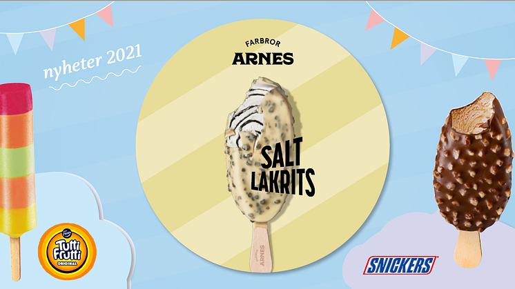 Från vänster: Tutti Frutti isglass, Farbror Arnes SaltLakrits och Snickers