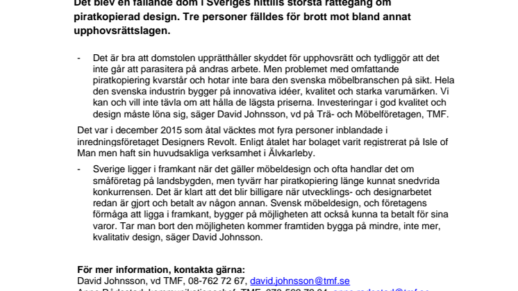 Trä- och Möbelföretagen kommenterar den fällande domen mot Designers Revolt: ”Domen visar att det inte går att parasitera på andras arbete” 