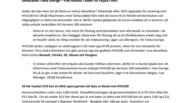 OKQ8 och Tanka gör det enkelt för bilister att bli fossilfria – utökar antalet tankställen för HVO100 till närmare 100 stycken
