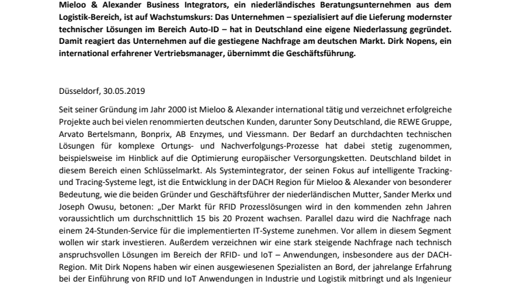 ​DER NIEDERLÄNDISCHE SYSTEMINTEGRATOR MIELOO & ALEXANDER INVESTIERT IN DEN DEUTSCHEN MARKT: DER AUTO-ID SYSTEM-SPEZIALIST BAUT DIE DEUTSCHE GMBH AUS - DIRK NOPENS WIRD GESCHÄFTSFÜHRER
