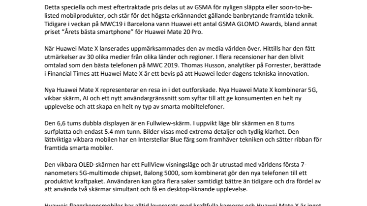 Huawei Mate X vinner GLOMO Award för  Best New Connected Mobile Device under MWC19 i Barcelona