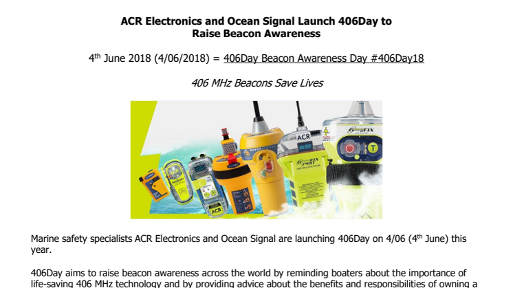 ACR Electronics and Ocean Signal Launch 406Day to  Raise Beacon Awareness