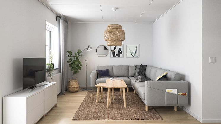 Illustration av vardagsrum. OBS! Bilden är en illustration och avvikelser kan förekomma i slutgiltigt projekt. 