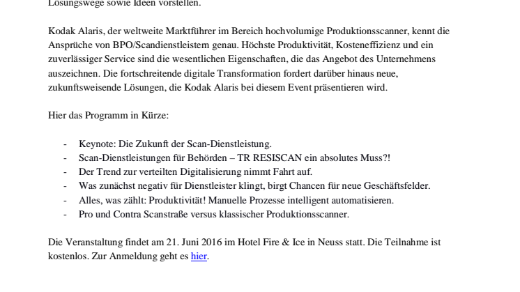 Kodak Alaris lädt zum BPO/Scandienstleister Event ein