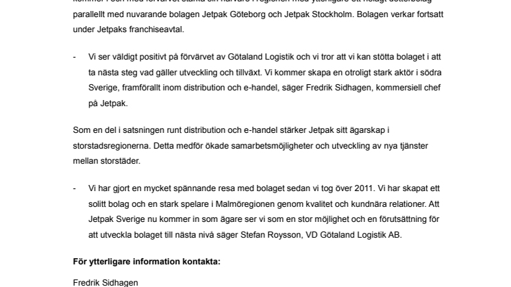 Jetpak Sverige AB förvärvar Götaland Logistik AB