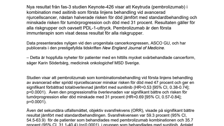 Keytruda® i kombination med axitinib minskar risken för död vid njurcancer 