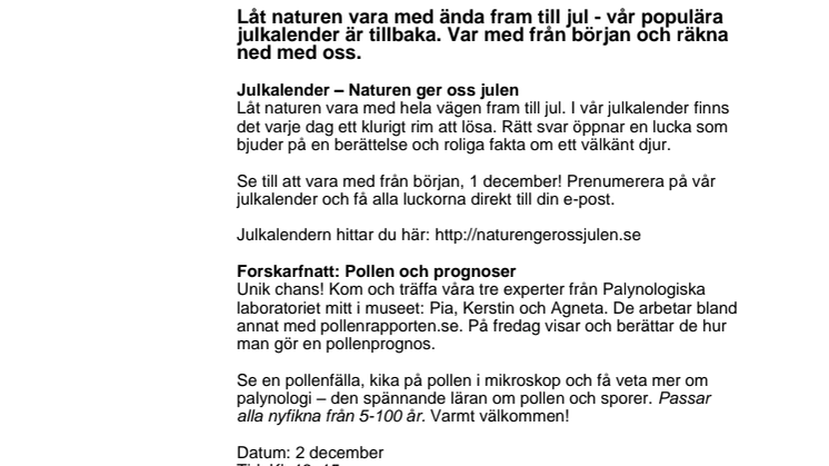 Det händer på Naturhistoriska riksmuseet i december