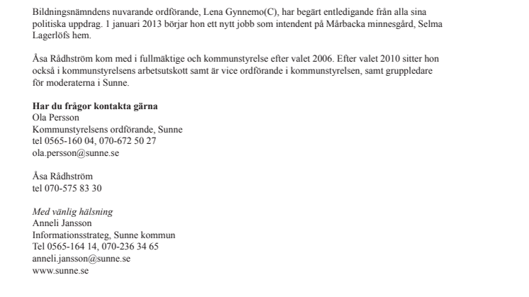Åsa Rådhström föreslås bli ny ordförande för bildningsnämnden i Sunne