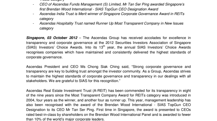 Ascendas Group Achieves Excellence For Corporate Governance and Transparency