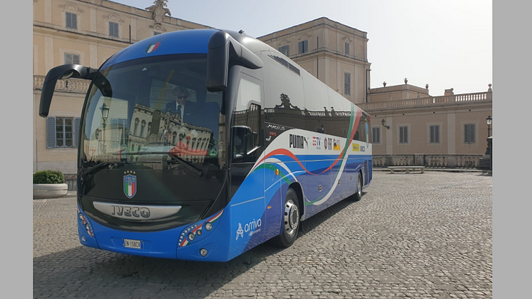 Italy, European Champions, board a Magelys, the official coach of the Italian national football team provided by IVECO BUS to the FIGC