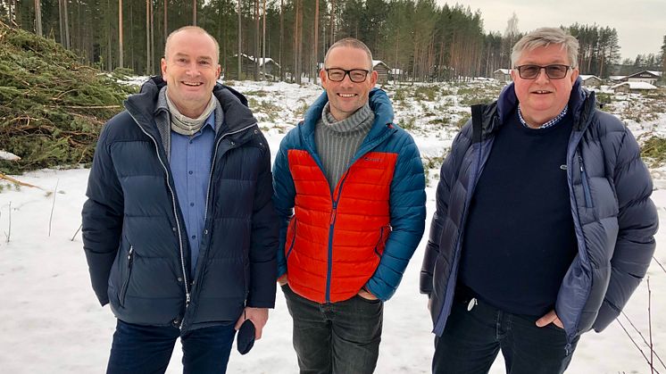Adm. dir. Sven Inge Sunde (fra venstre), prosjektleder Espen Skjærbakken og avdelingsdirektør Jan Hoff Jørgensen foran det avskogede området der Anno Dokumentasjonssenter skal bygges. (Foto: Stine S. Skjæret/Anno)