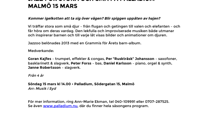 Oddjob – Jazzoo Jazz för stora och små på Palladium Malmö 15 mars