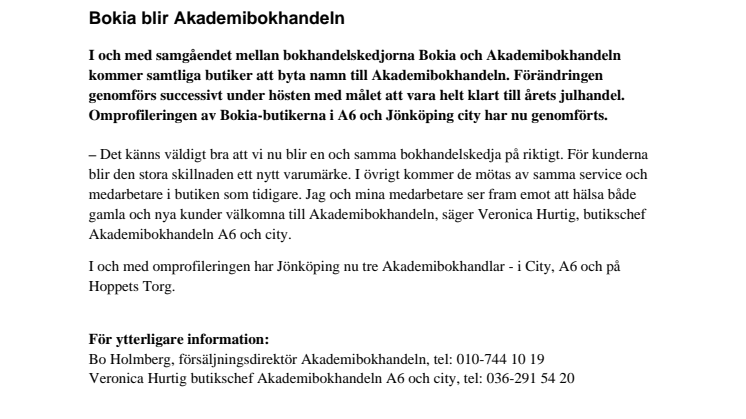 Bokia i Jönköping blir Akademibokhandeln 