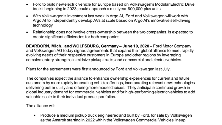 Ford og Volkswagen underskriver samarbejde om varebiler, elbiler og selvkørende teknologi