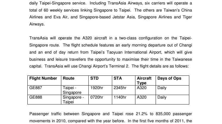 Changi Airport to welcome TransAsia Airways