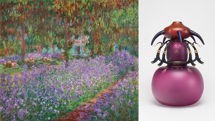 Claude Monet, Le Jardin de l’artiste à Giverny, 1900. Foto (C) RMN-Grand Palais (musée d'Orsay)/Adrien Didierjean. Dan Dailey, Five Wild Dogs, 1998. Foto: Viktor Fordell/Nationalmuseum. 