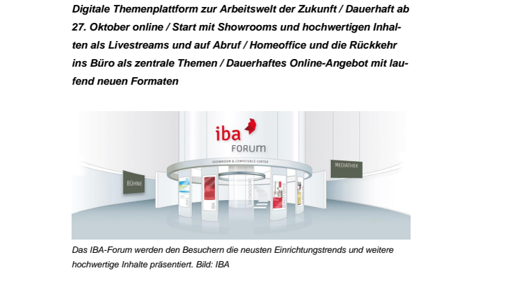 Digitale Plattform „IBA-Forum“ startet am 27. Oktober – volles Programm in der ORGATEC-Woche