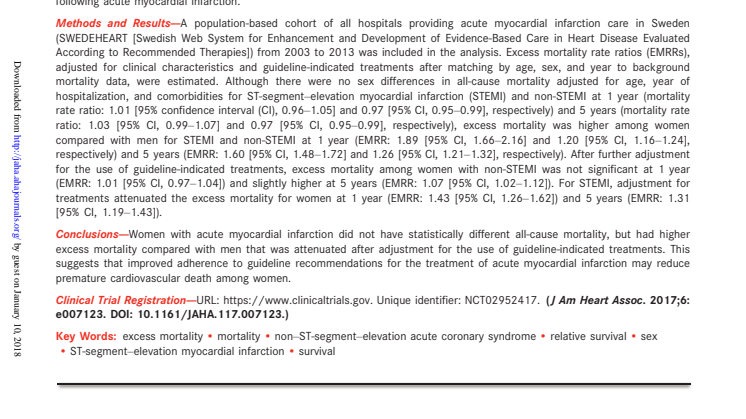 Studie: Sex Differences in Treatments, Relative Survival, and Excess Mortality Following Acute Myocardial Infarction: National Cohort Study Using the SWEDEHEART Registry