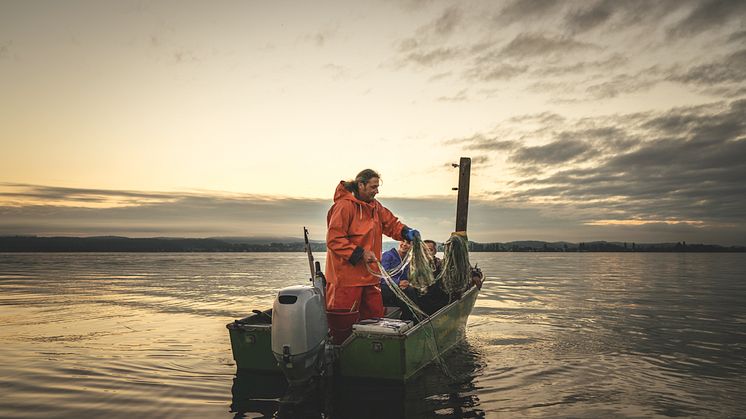 Berufsfischer Rolf Meier mit Gästen auf dem Bodensee, Ostschweiz. Copyright: Schweiz Tourismus / Ivo Scholz