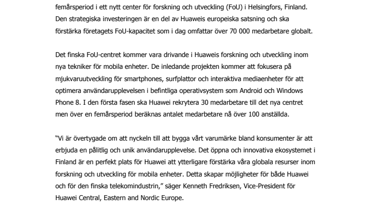Huawei investerar 70 miljoner Euro i Finskt  forskningscenter
