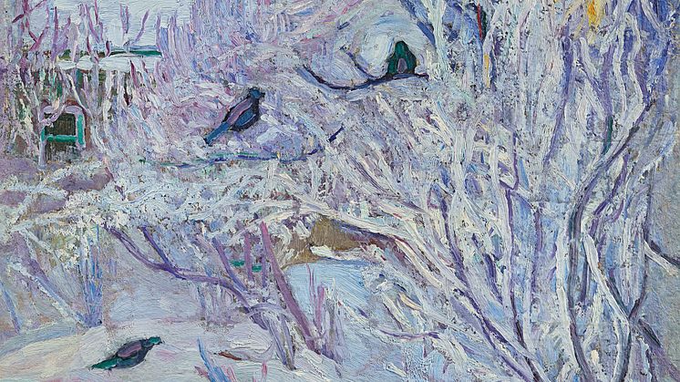 Winter- und Weihnachtsstimmung bietet bei einem online- Besuch des Museum Barberini das Werk "Dompfaffen im Baum" von Olga Rosanowa. C: 1907/08, Öl auf Leinwand auf Hartfaser, 63 x 51 cm Staatliche Tretjakow-Galerie, Moskau.
