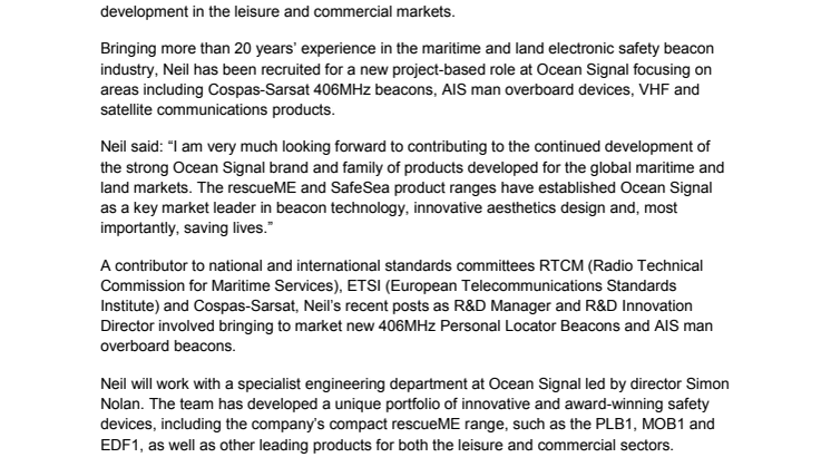 Ocean Signal Appoints Neil Jordan as Senior Project Manager 