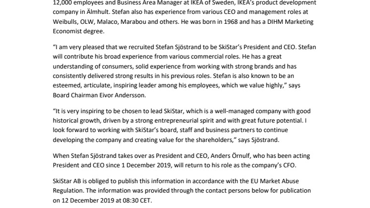 SKISTAR APPOINTS STEFAN SJÖSTRAND AS CEO