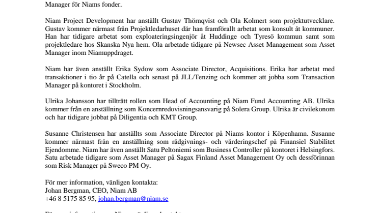 Niam stärker sitt team genom ett antal nyrekryteringar