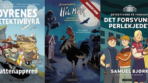 Krim for barn er i vinden. Cappelen Damm lanserer hele tre nye serier for aldersgruppen 9-12 år: Dyrenes detektivbyrå, Snushanen Hilmar og Detektivene på Torshov.