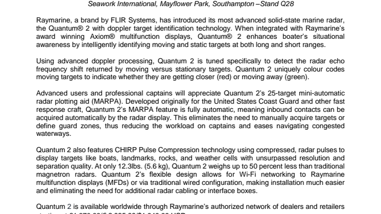Raymarine: Raymarine’s Quantum 2 CHIRP Radar Delivers Improved Awareness  and Safer Navigation