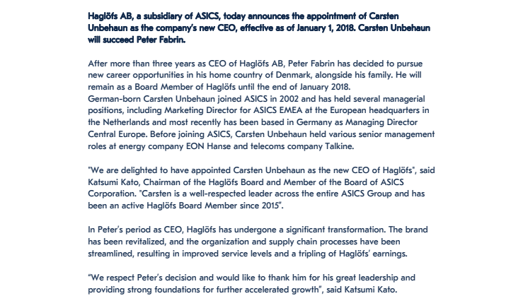 ​​CARSTEN UNBEHAUN APPOINTED AS NEW CEO OF HAGLÖFS AB
