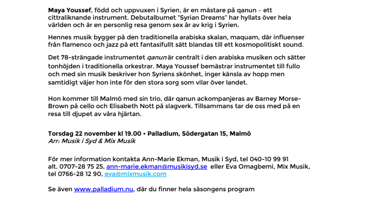 Maya Youssef – mästare på qanun – med "Syrian Dreams" – en personlig resa på Palladium Malmö 22 november