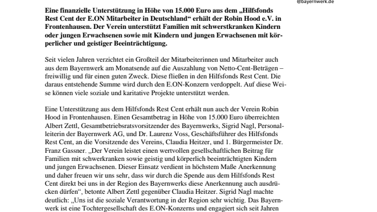 "Hilfsfonds Rest Cent" unterstützt Robin Hood e. V. in Frontenhausen