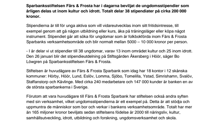 Sparbanksstiftelsen Färs & Frosta delar ut ungdomsstipendier inom kultur och idrott